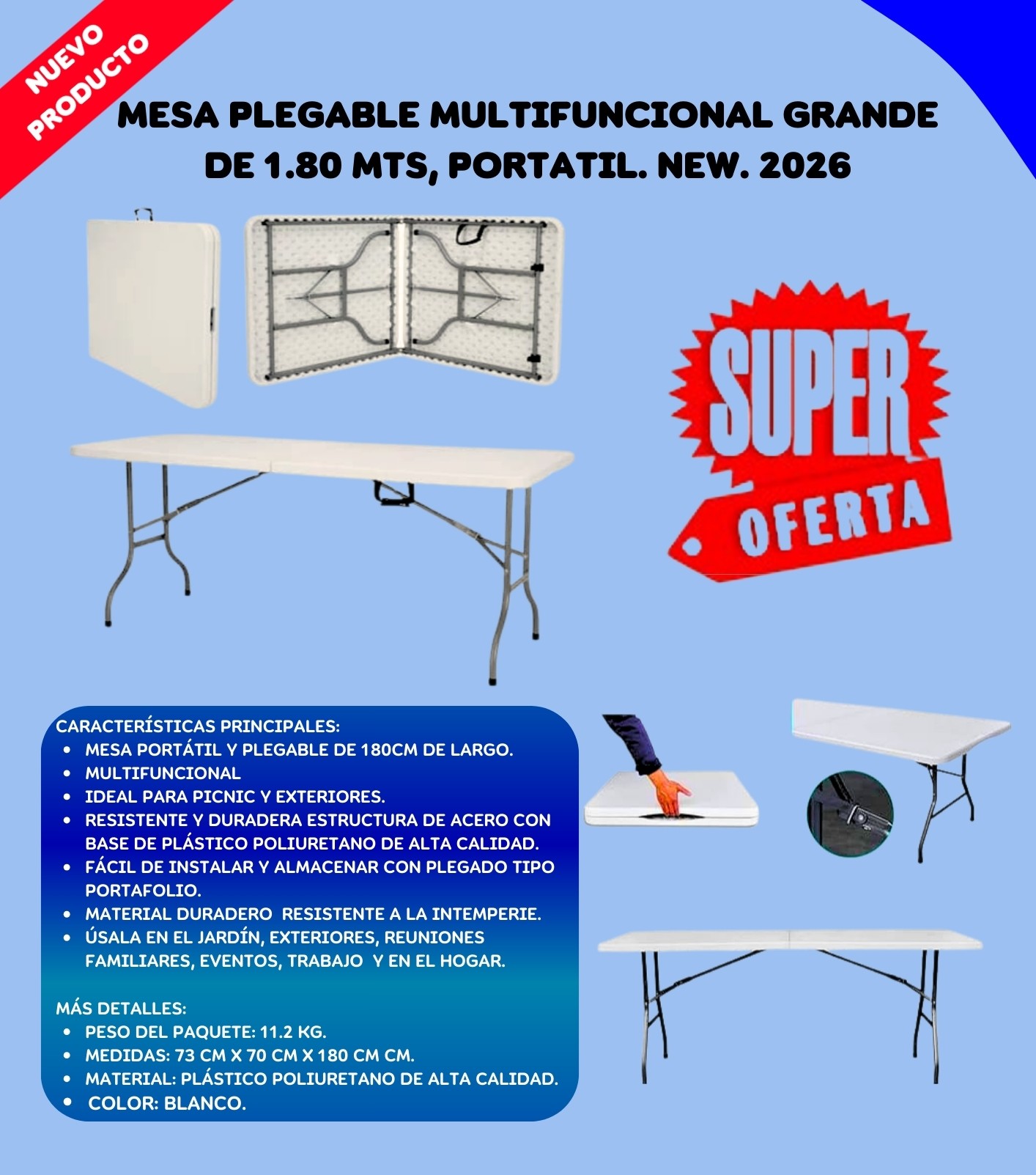 Mesa Multifuncional Plegable 1.80 Mts